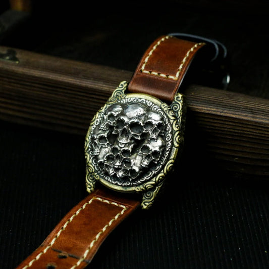 Skull Leather Watch Bracelet - 925 Silver Handmade