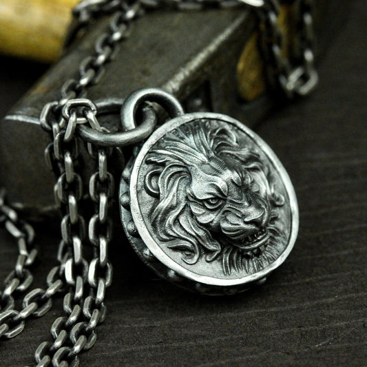Lion Head Coin Pendant ¨C 925 Sterling Silver Handmade
