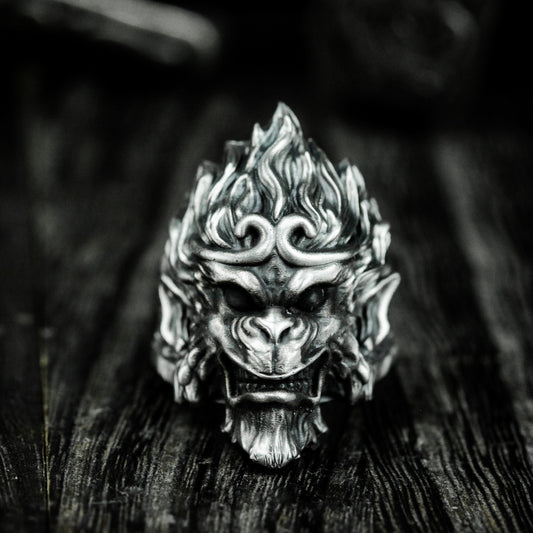 Monkey King Mask Ring - Black Wukong Style - 925 Sterling Silver Handmade