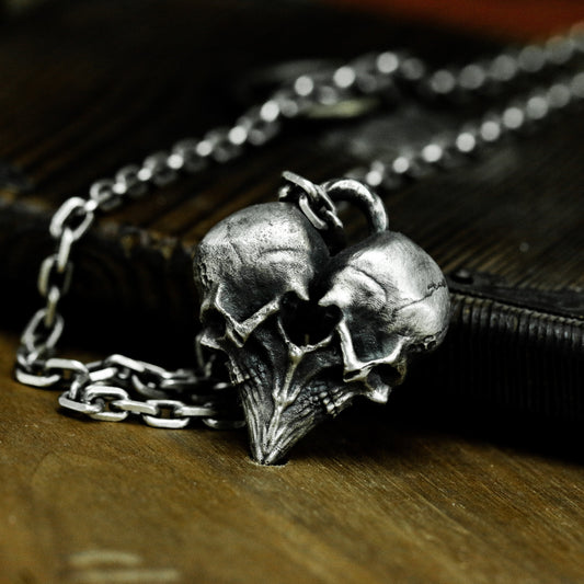 Double Skull Heart Pendant ¨C 925 Sterling Silver Handmade