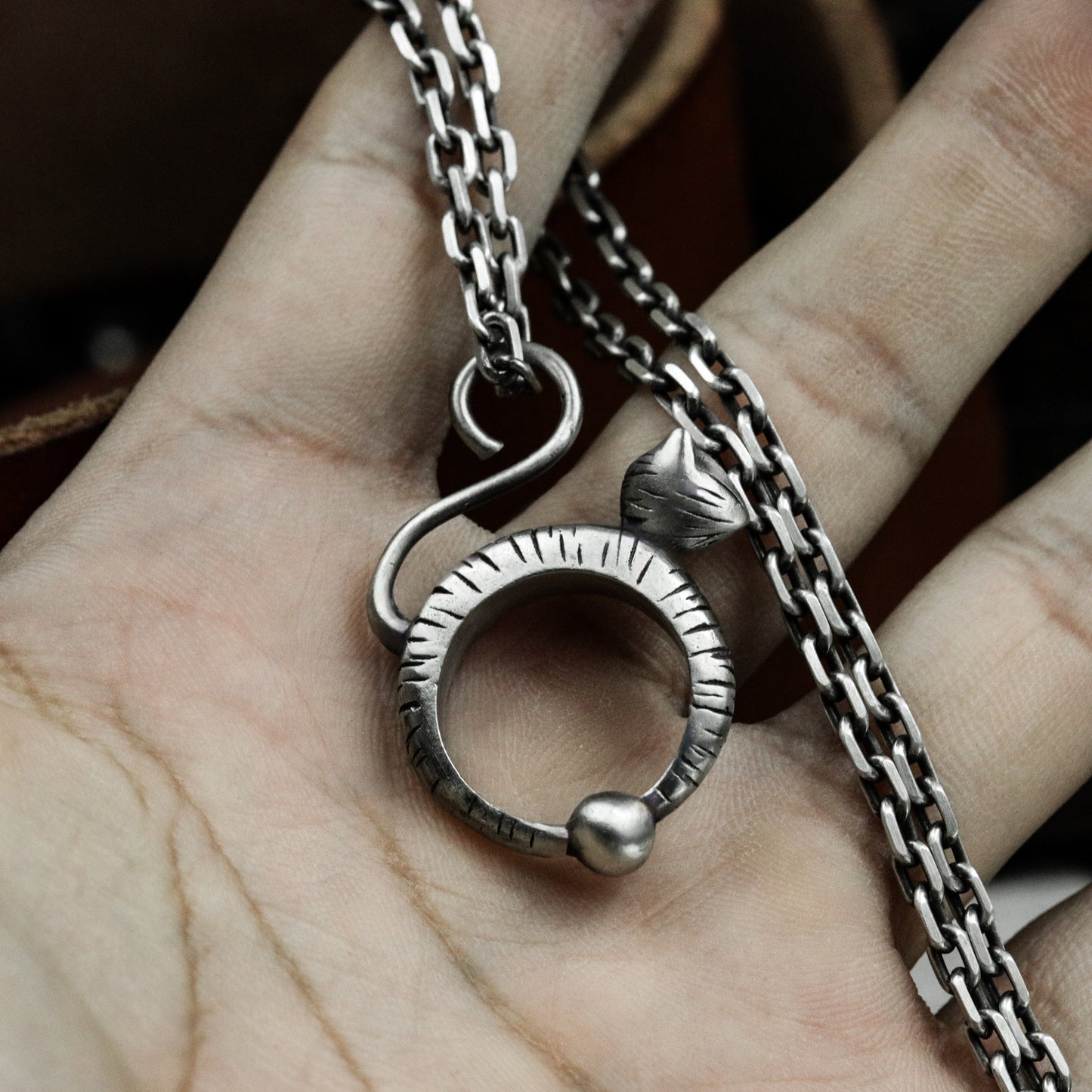Coiled Cat in Ring Pendant ¨C 925 Sterling Silver Handmade
