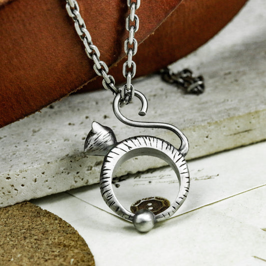 Coiled Cat in Ring Pendant ¨C 925 Sterling Silver Handmade