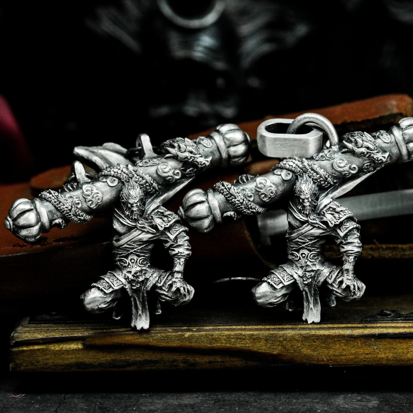 Monkey King Crossed Weapons Pendant - 925 Sterling Silver Handmade