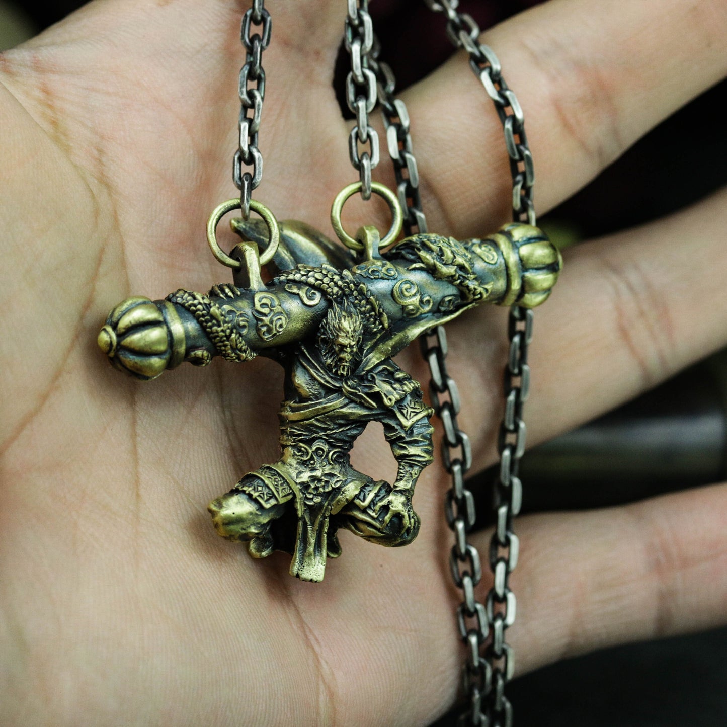 Monkey King Crossed Weapons Pendant - 925 Sterling Silver Handmade
