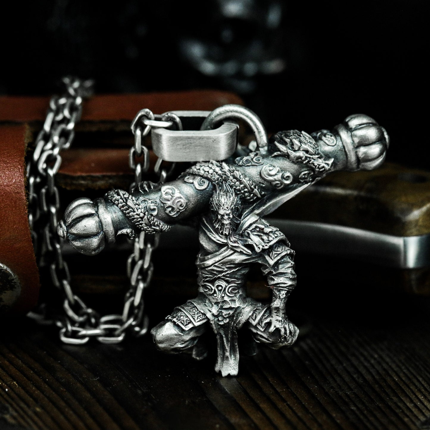 Monkey King Crossed Weapons Pendant - 925 Sterling Silver Handmade