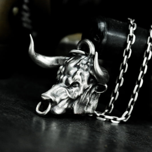 Snarling Bull Pendant - 925 Silver Handmade Wild Rage