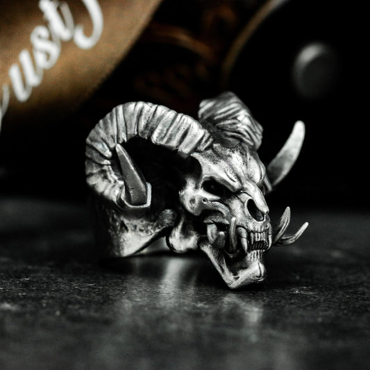 Double-Horned Demon Skull Ring ¨C 925 Sterling Silver Handmade
