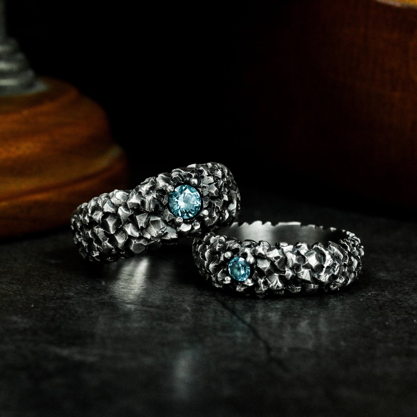 Dragon Scale Couple Rings with Blue Gemstones - 925 Sterling Silver Handmade
