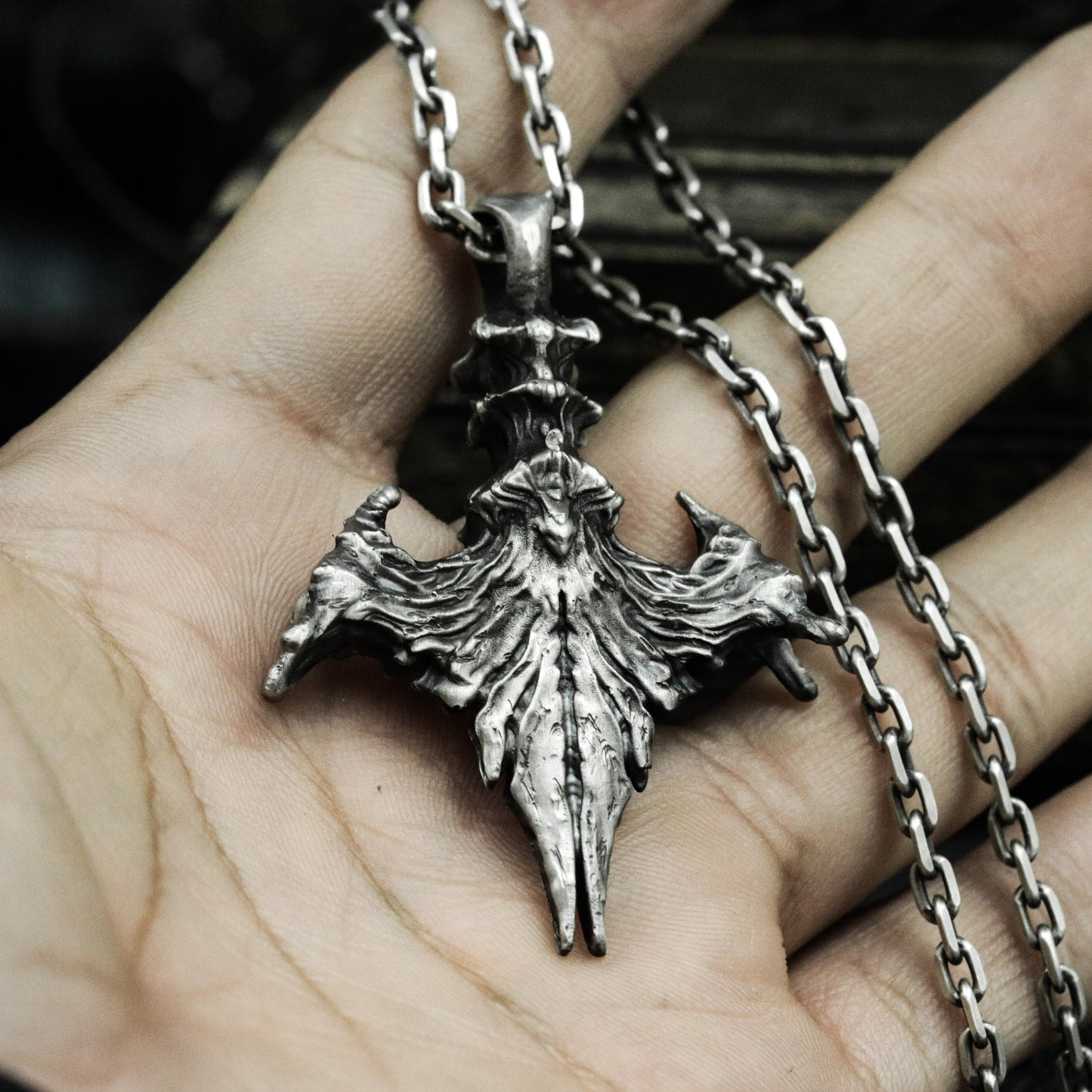 Raven Wing Pendant with Skull Detail - 925 Sterling Silver Handmade
