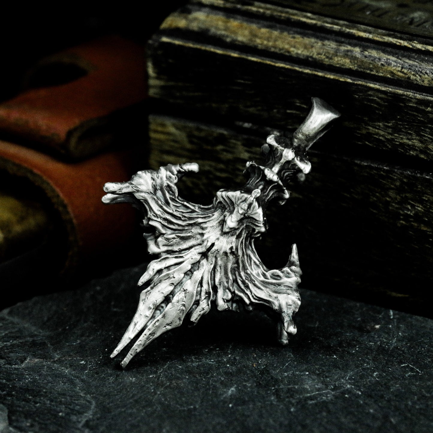 Raven Wing Pendant with Skull Detail - 925 Sterling Silver Handmade