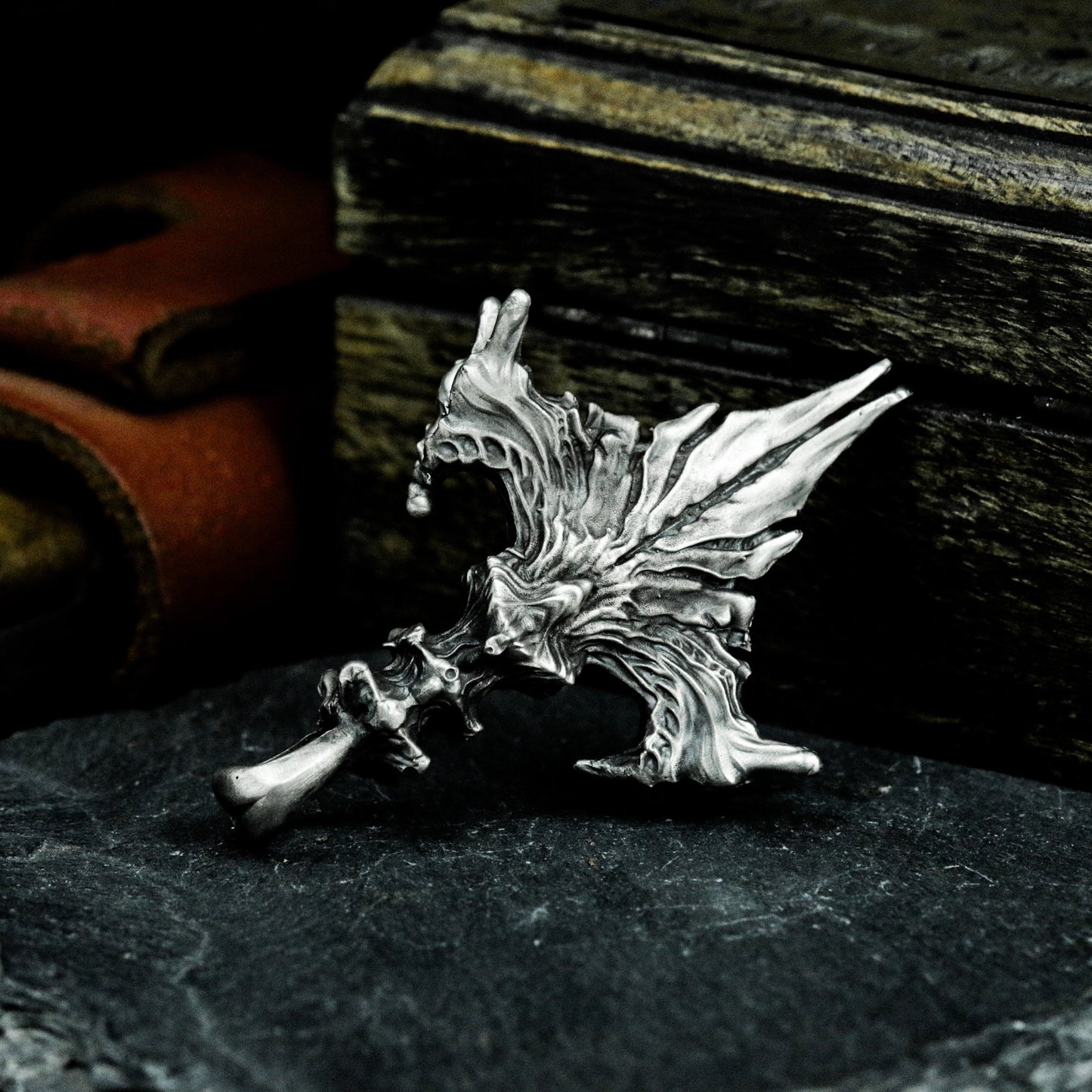 Raven Wing Pendant with Skull Detail - 925 Sterling Silver Handmade