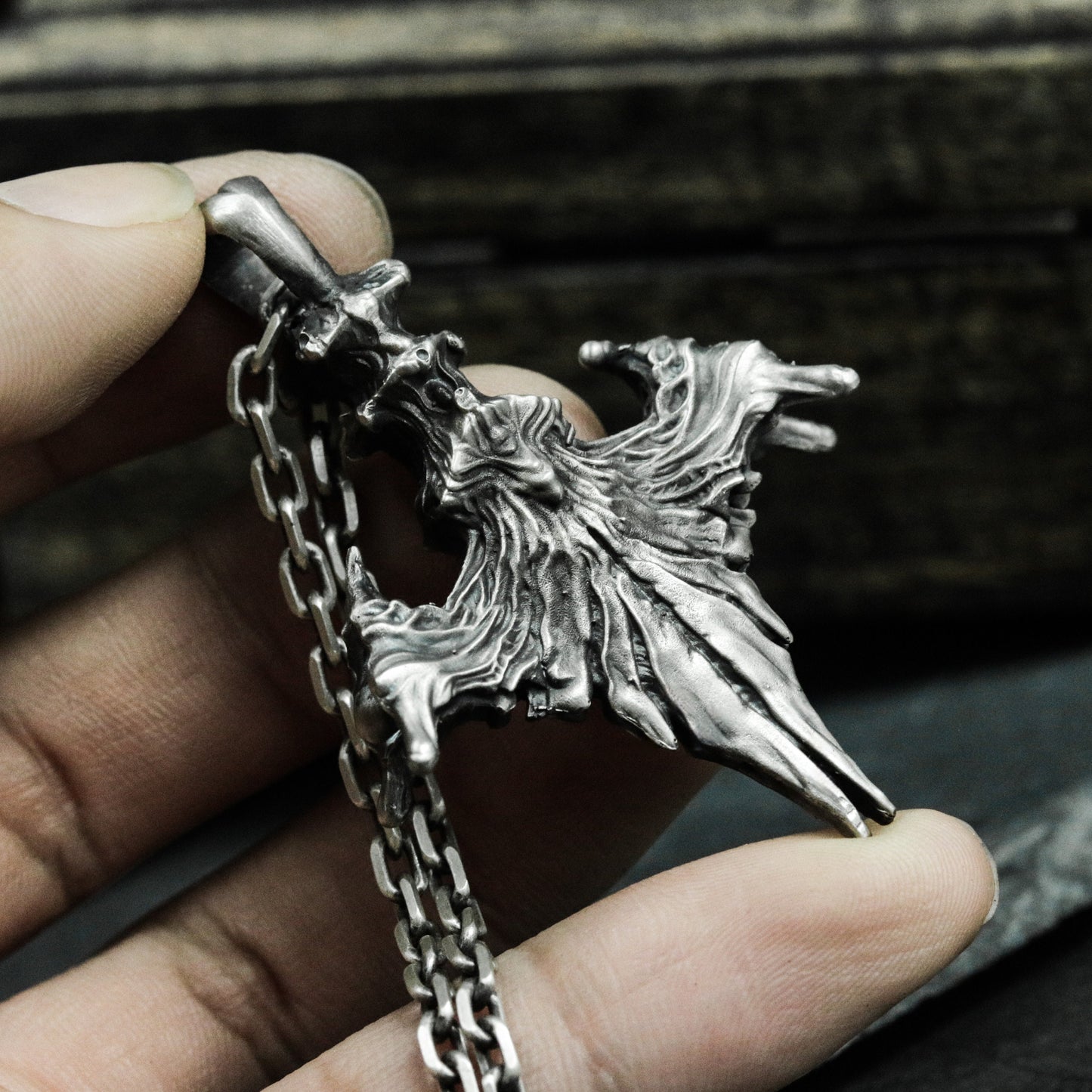 Raven Wing Pendant with Skull Detail - 925 Sterling Silver Handmade