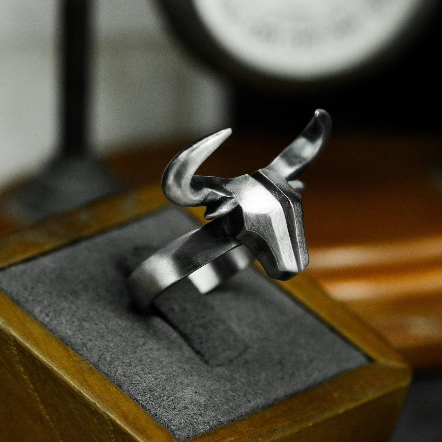 Geometric Bull Ring - 925 Silver Handmade Angular Strength