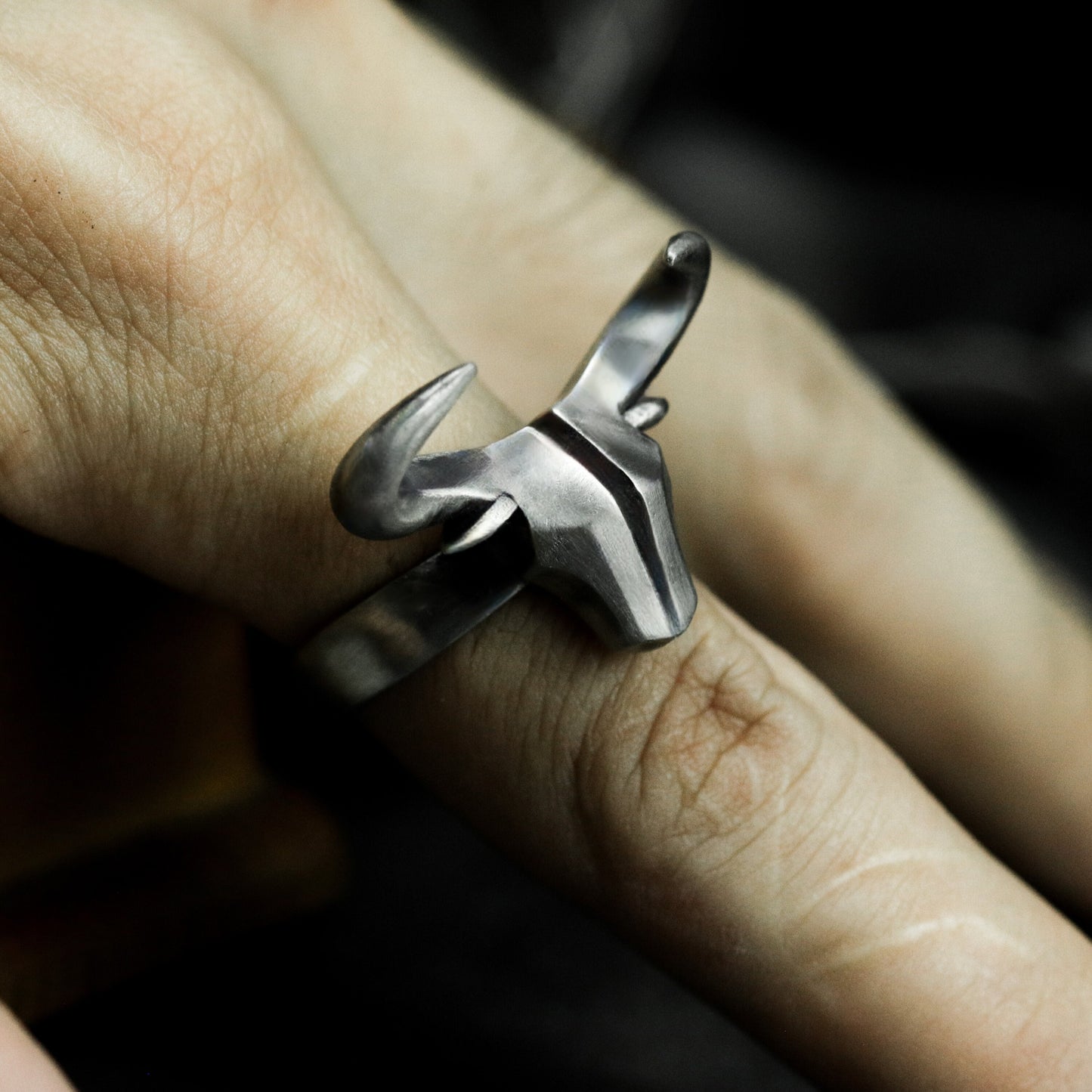 Geometric Bull Ring - 925 Silver Handmade Angular Strength