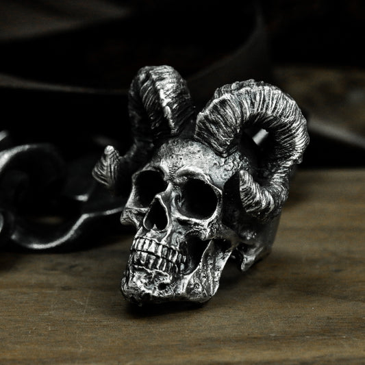 Ram Skull Ring with Curled Horns ¨C 925 Sterling Silver Handmade