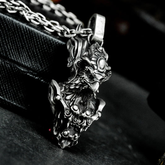 Eagle-Faced Warrior Pendant with Ornate Armor - 925 Sterling Silver Handmade
