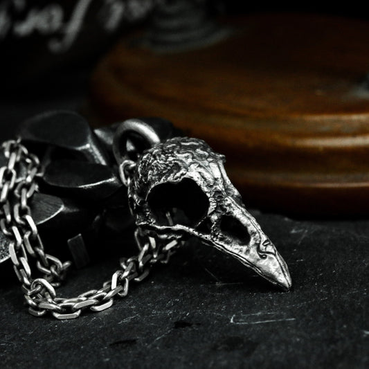 Bird Skull Pendant with Carved Details ¨C 925 Sterling Silver Handmade