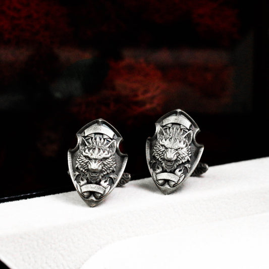 Wolf Shield Cufflinks, Bully Badge - 925 Sterling Silver Handmade