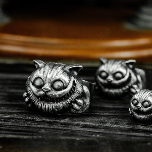 Cheshire Cat Ring with Grinning Face ¨C 925 Sterling Silver Handmade