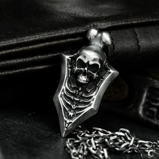 Blade Shield Skull Pendant ¨C Handmade 925 Silver Dark Armor Necklace