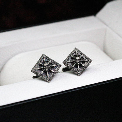 Skull and Spikes Square Cufflinks, 925 Silver Handmade