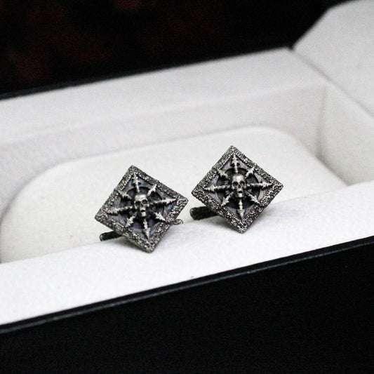 Skull and Spikes Square Cufflinks, 925 Silver Handmade