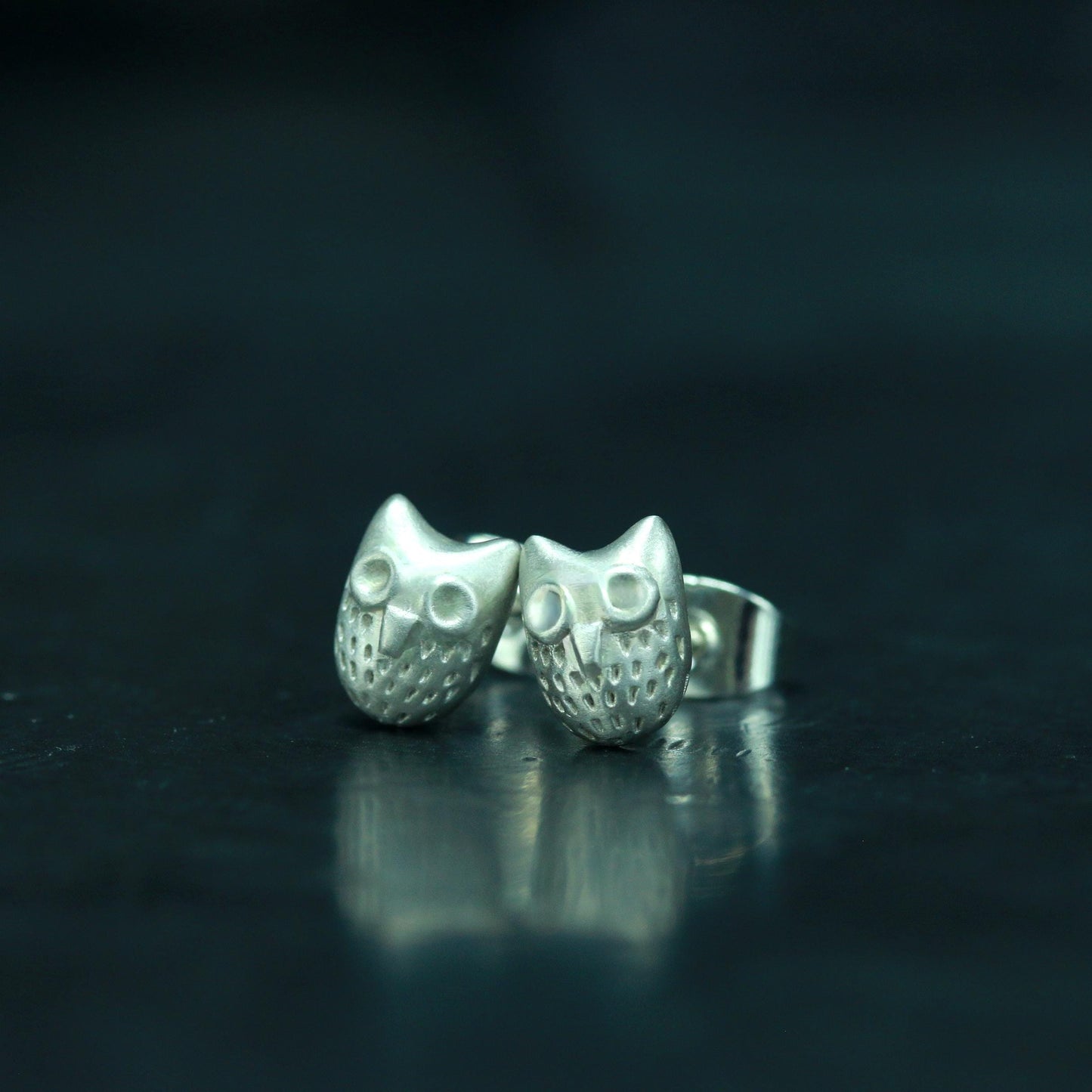 Owl Face Stud Earrings - 925 Sterling Silver Handmade