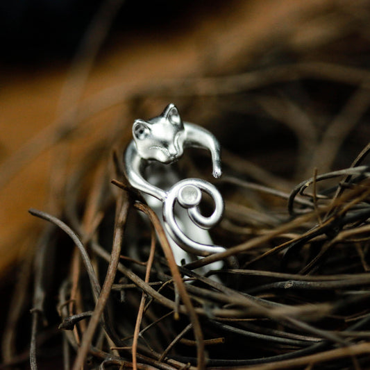 Sleeping Cat Curl Ring ââ‚?925 Sterling Silver Handmade Whimsical Animal Jewelry