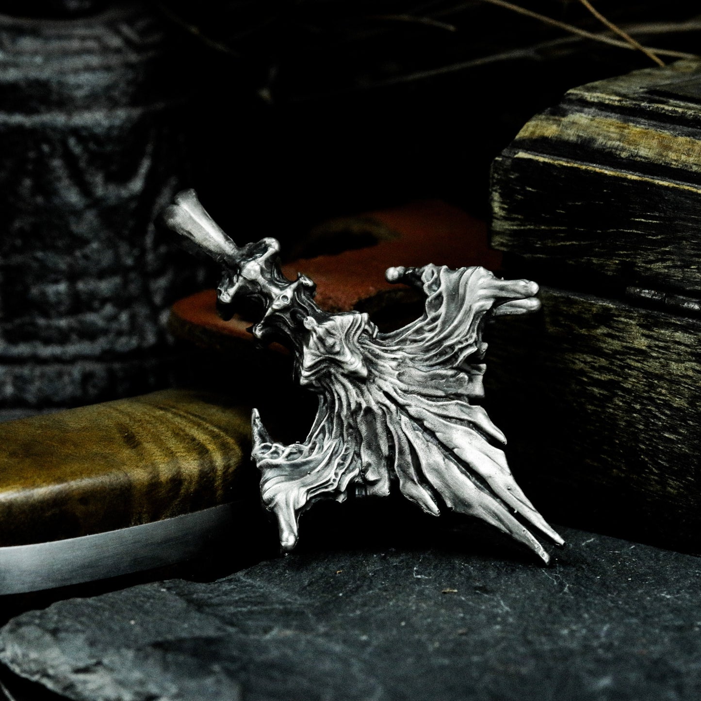 Raven Wing Pendant with Skull Detail - 925 Sterling Silver Handmade