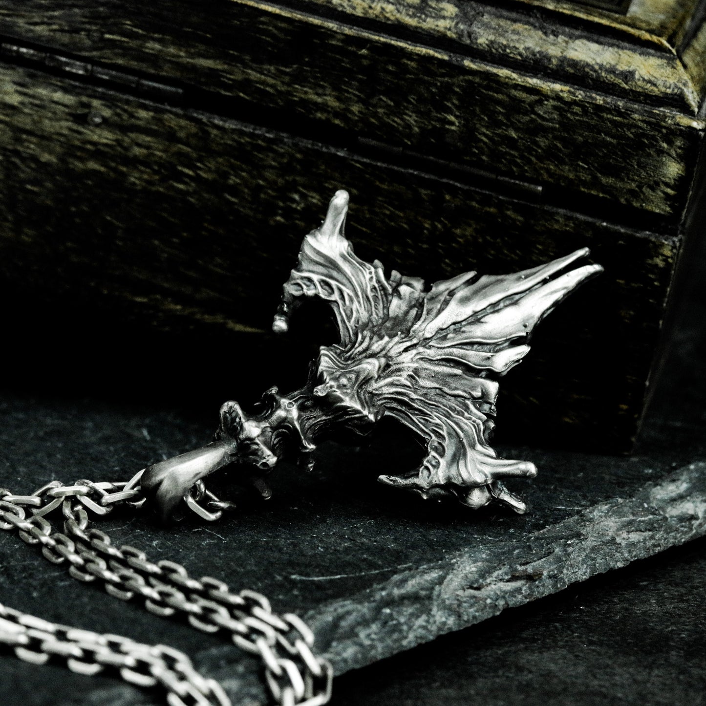 Raven Wing Pendant with Skull Detail - 925 Sterling Silver Handmade