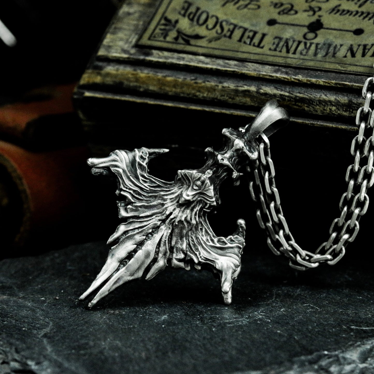 Raven Wing Pendant with Skull Detail - 925 Sterling Silver Handmade