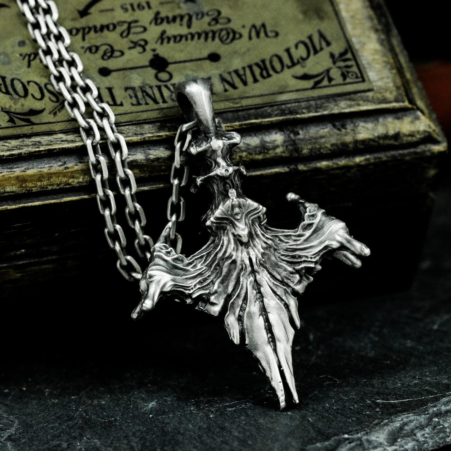 Raven Wing Pendant with Skull Detail - 925 Sterling Silver Handmade