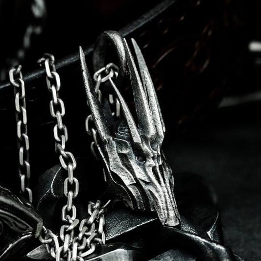 Cyber Horned Skull Pendant with Sharp Crest - 925 Sterling Silver Handmade