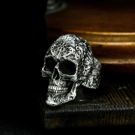 Pattern Carved Skull Ring - 925 Silver Handmade