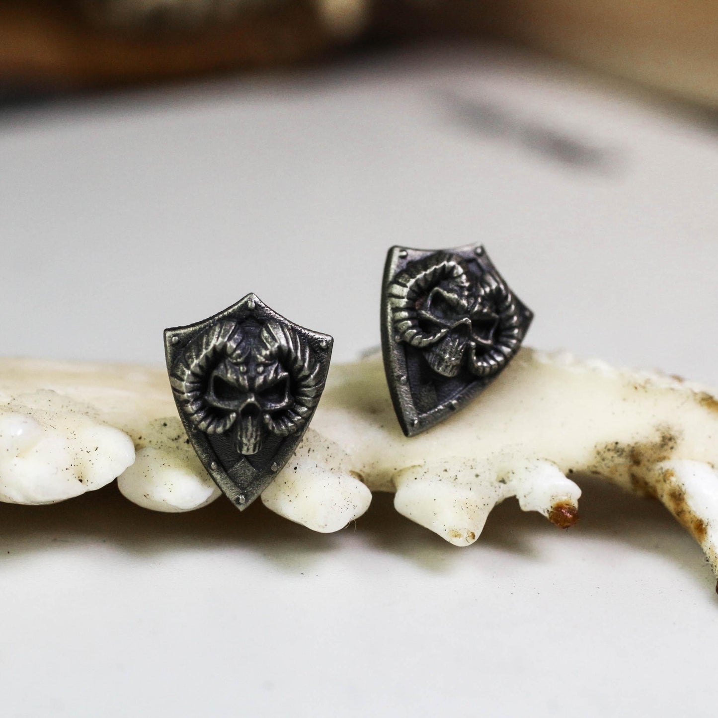Ram Skull Shield Earrings - 925 Sterling Silver Handmade