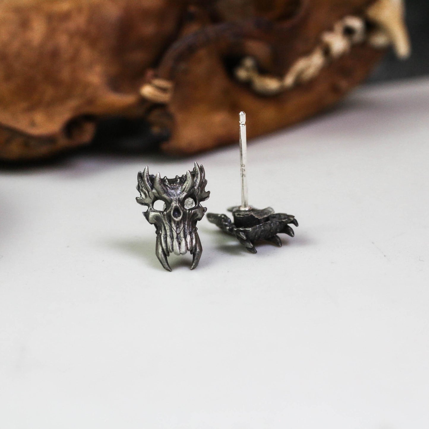 Demonic Skull Stud Earrings - 925 Sterling Silver Handmade