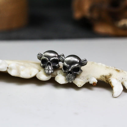 Horned Skull Stud Earrings - 925 Sterling Silver Handmade Gothic Jewelry