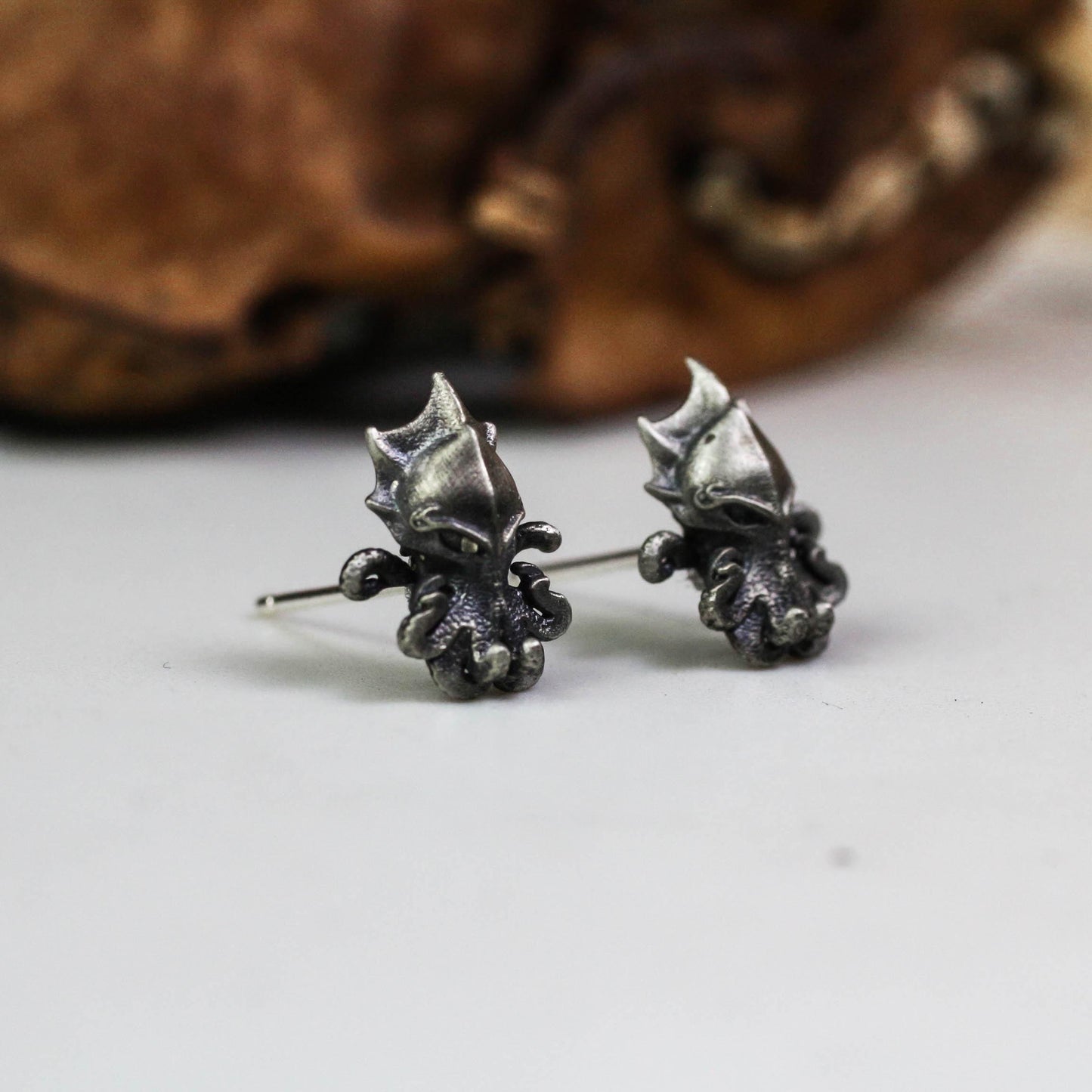 Sea Creature Stud Earrings - 925 Sterling Silver Handmade Gothic Style
