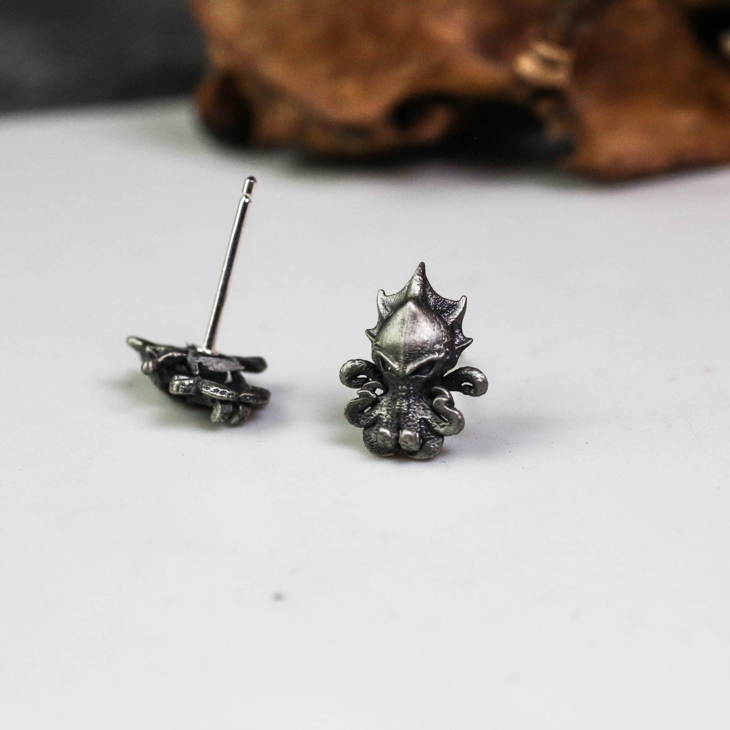 Sea Creature Stud Earrings - 925 Sterling Silver Handmade Gothic Style