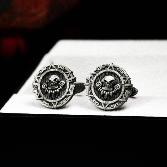 Mayan Skull Totem Cufflinks - 925 Sterling Silver Handmade