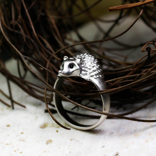 Hedgehog gem-set eye Silver Ring, Pet Jewelry for Girls, Animal Lover Gift