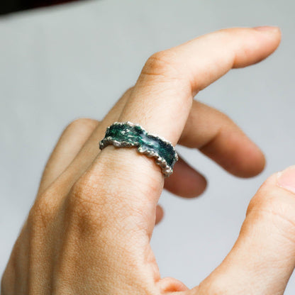 Organic Galaxy Silver Ring ââ‚?Handmade Cosmic Textured Jewelry with Green Resin