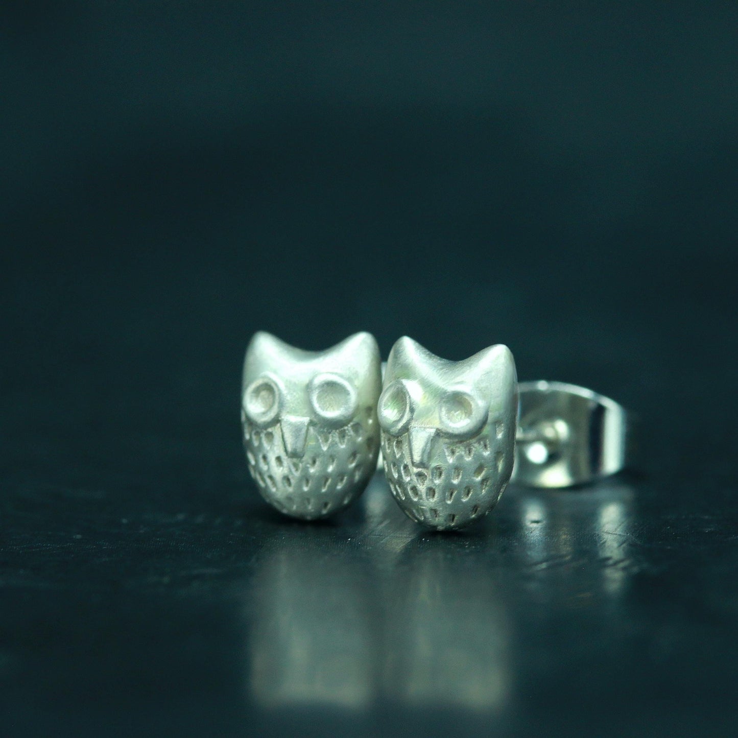 Owl Face Stud Earrings - 925 Sterling Silver Handmade