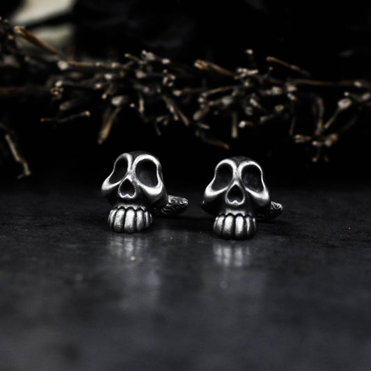 Giant Teeth Skull Cufflinks, Rune Carved - 925 Sterling Silver Handmade