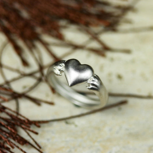 Heart Hug Ring with Paws ââ‚?925 Sterling Silver Handmade Animal-Inspired Jewelry