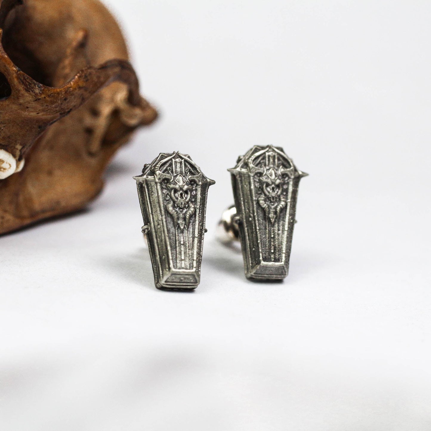Coffin Shield Stud Earrings - 925 Sterling Silver Gothic Jewelry
