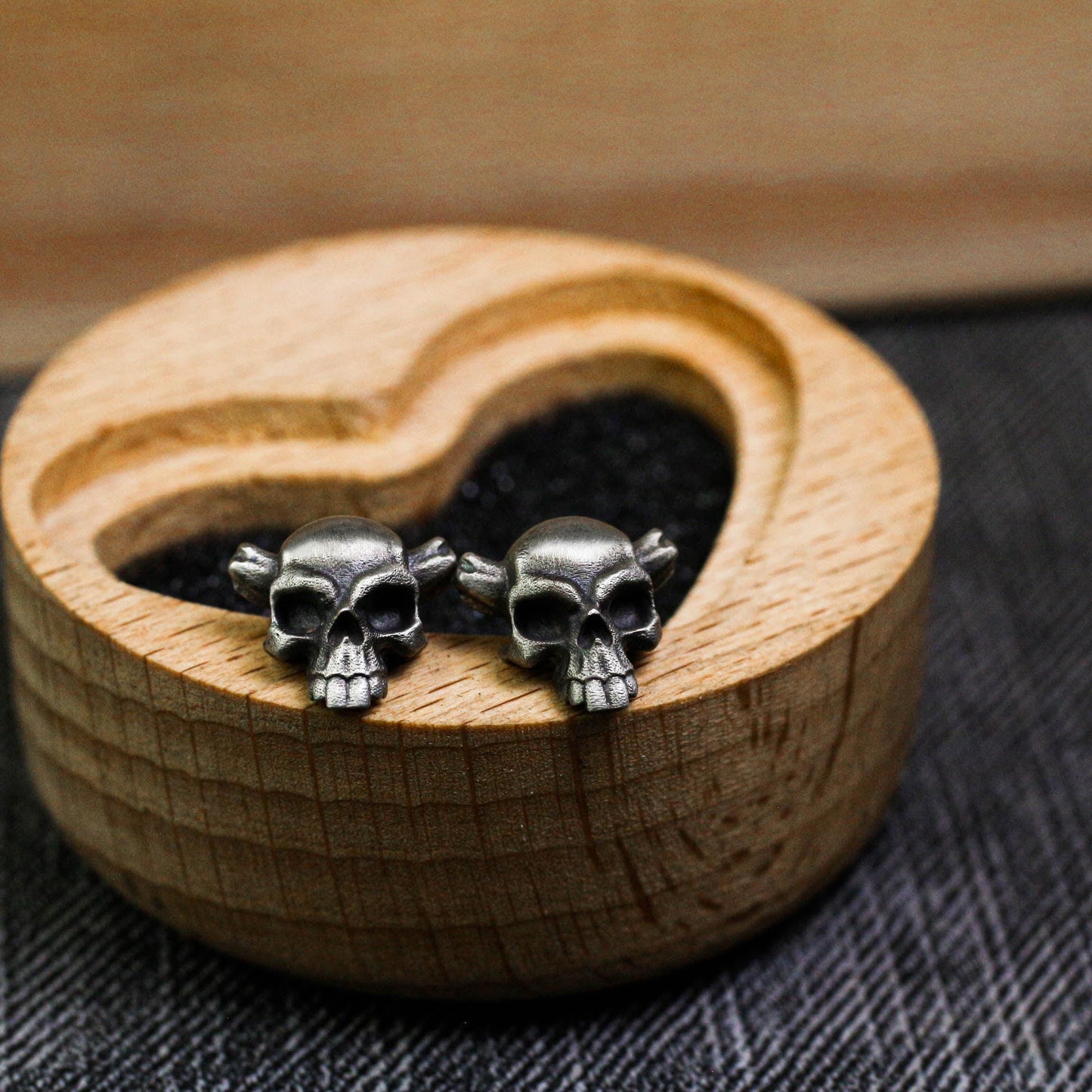 Horned Skull Stud Earrings - 925 Sterling Silver Handmade Gothic Jewelry