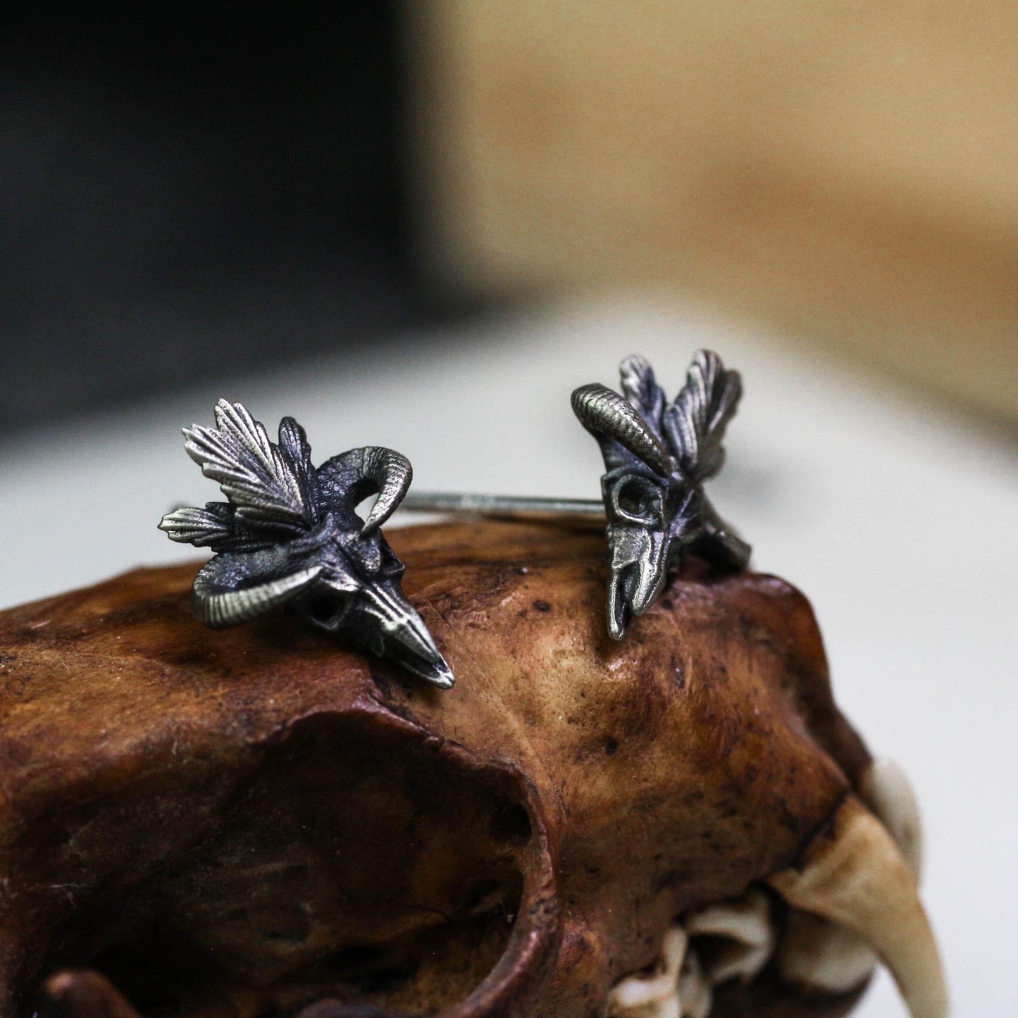 Occult Goat Skull Stud Earrings - 925 Sterling Silver Handmade