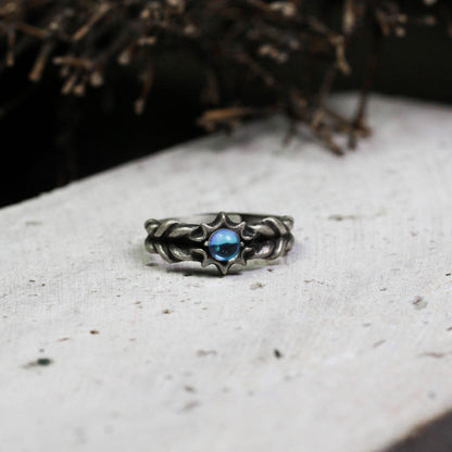 Gothic Sunburst Silver Ring ââ‚?Handmade Dark Fantasy Jewelry with Blue Opal