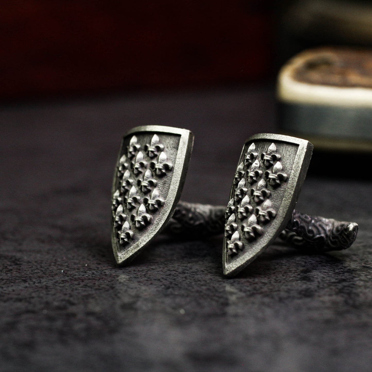 Iris Shield Cufflinks, Fleur de Lys Design - 925 Sterling Silver Handmade